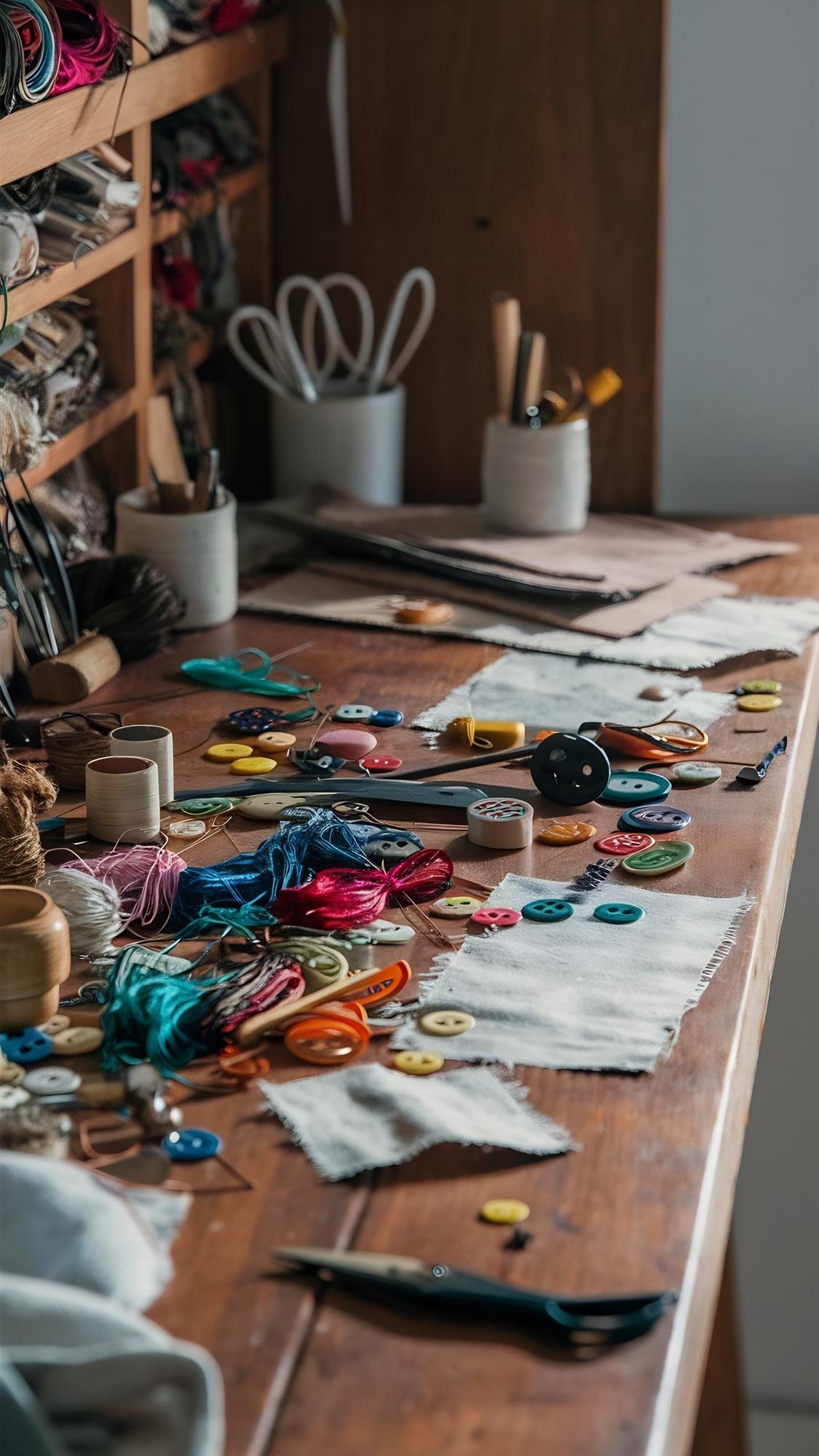 Interno dell'atelier con tavolo da lavoro e strumenti da ricamo
